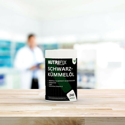 Schwarzkümmelöl Kapseln Bundle von Nutrifix, hochwertiges und veganes Nahrungsergänzungsmittel aus Deutschland. Unterstützt die Gesundheit mit besten Inhaltsstoffen..