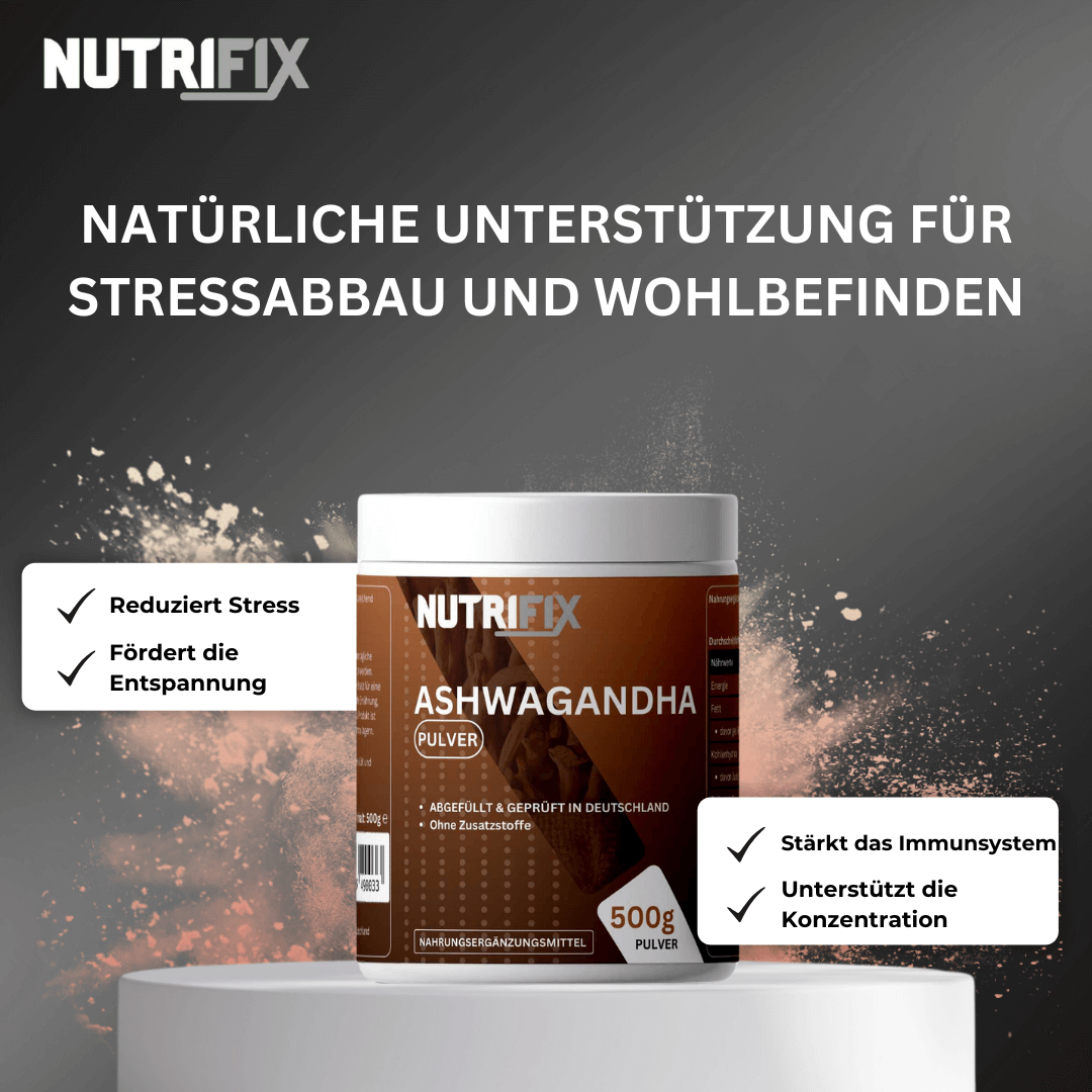 Ashwagandha Pulver Bundle von Nutrifix, hochwertiges und veganes Nahrungsergänzungsmittel aus Deutschland. Unterstützt die Gesundheit mit besten Inhaltsstoffen..