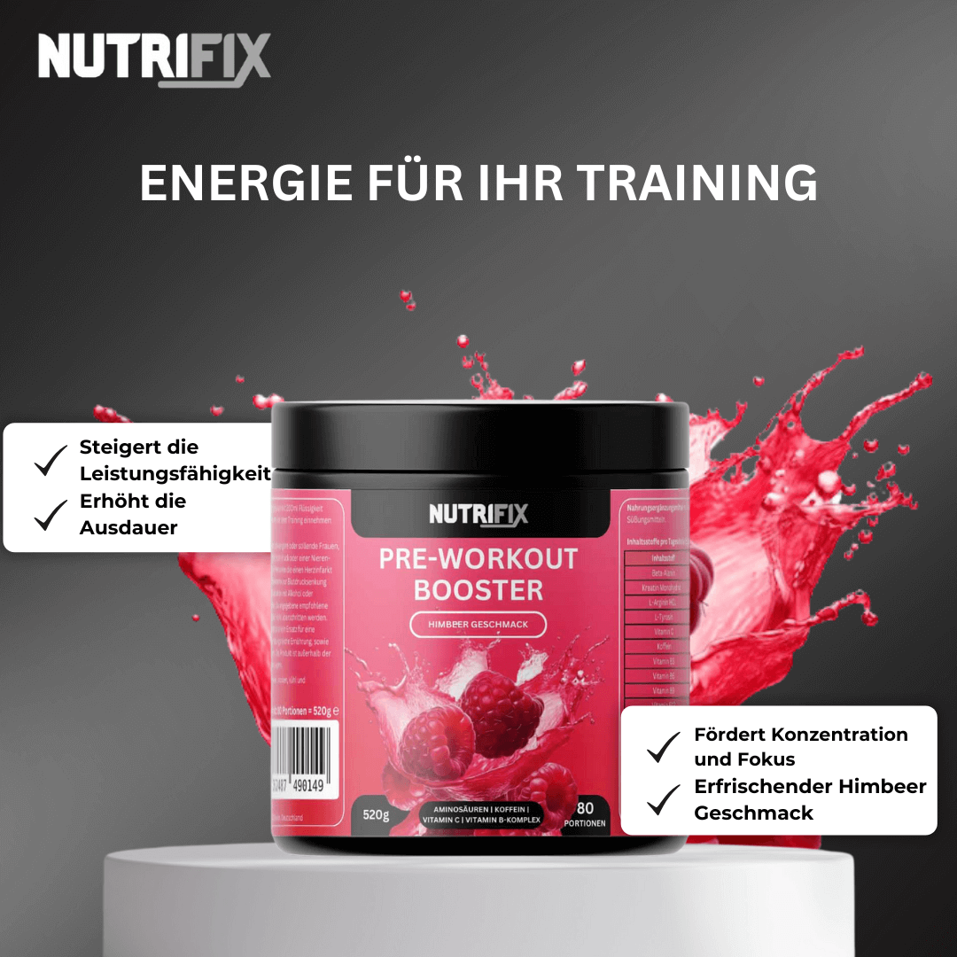 Pre-Workout Booster - Himbeere Bundle von Nutrifix, hochwertiges und veganes Nahrungsergänzungsmittel aus Deutschland. Unterstützt die Gesundheit mit besten Inhaltsstoffen..