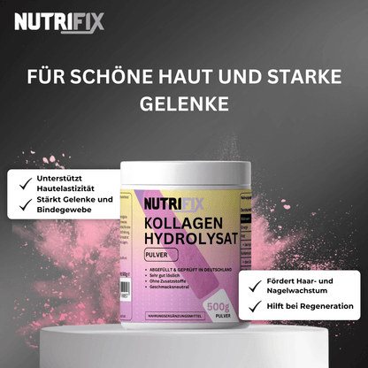 Kollagen Pulver Bundle von Nutrifix, hochwertiges und veganes Nahrungsergänzungsmittel aus Deutschland. Unterstützt die Gesundheit mit besten Inhaltsstoffen..