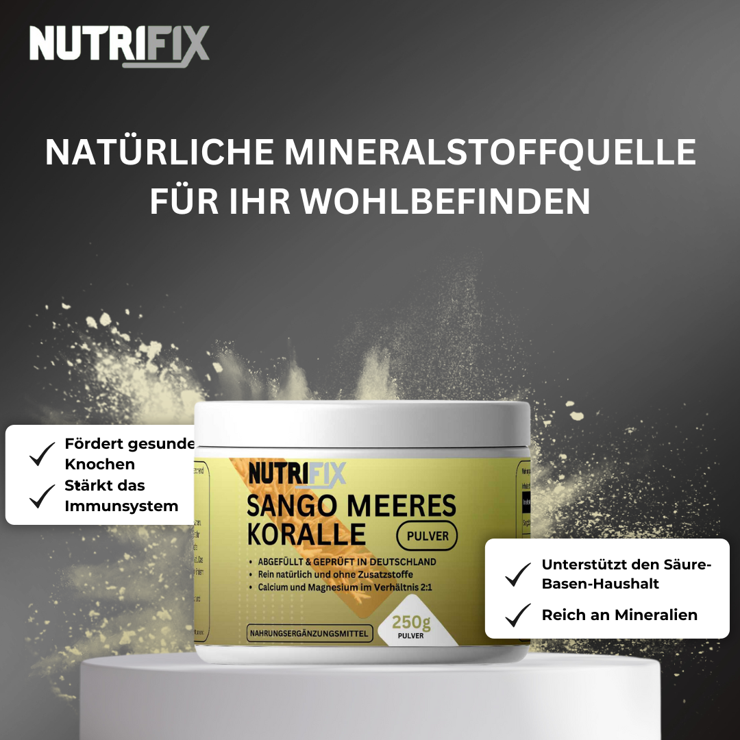 Sango Meeres Koralle Pulver Bundle von Nutrifix, hochwertiges und veganes Nahrungsergänzungsmittel aus Deutschland. Unterstützt die Gesundheit mit besten Inhaltsstoffen..