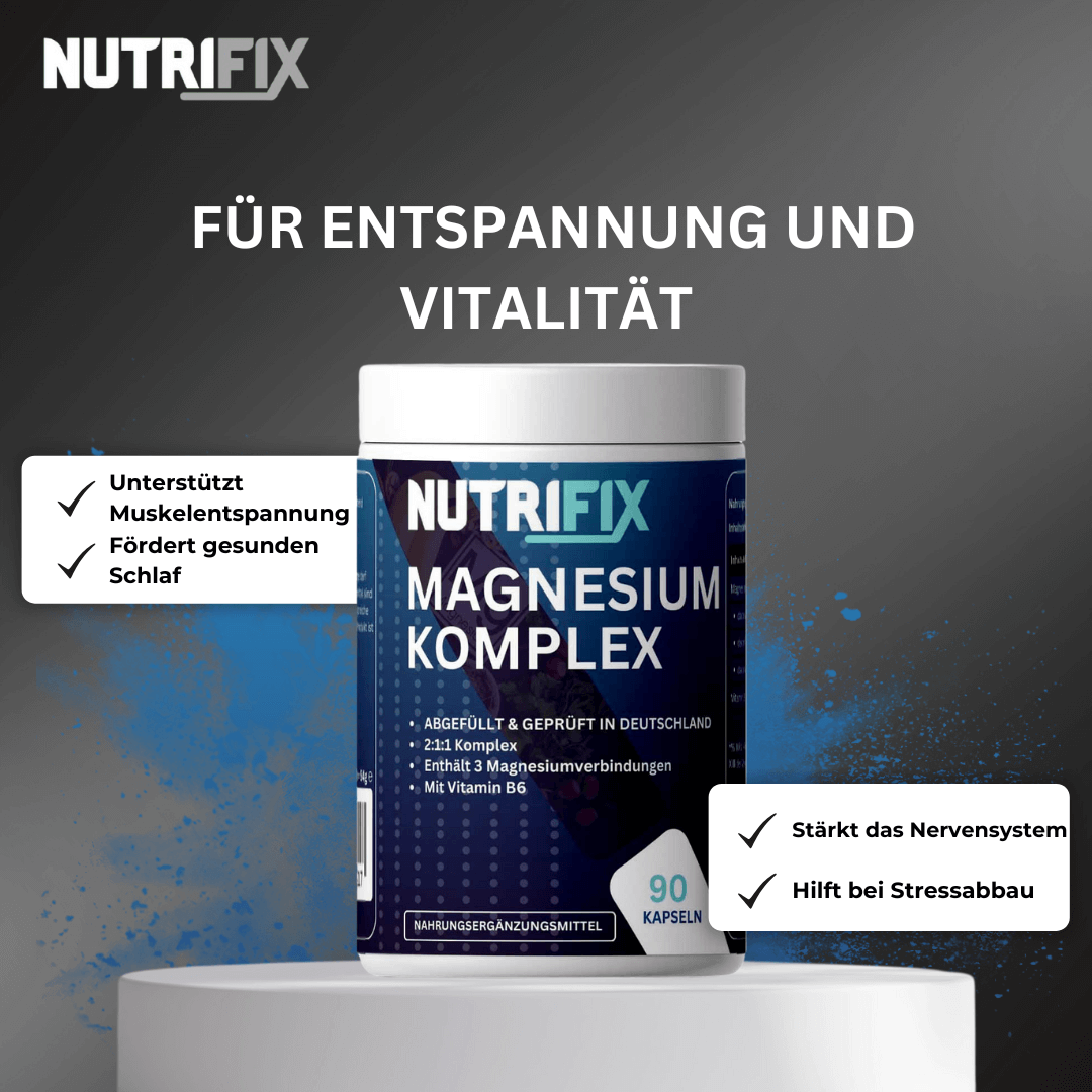 Magnesium Komplex Kapseln Bundle von Nutrifix, hochwertiges und veganes Nahrungsergänzungsmittel aus Deutschland. Unterstützt die Gesundheit mit besten Inhaltsstoffen..