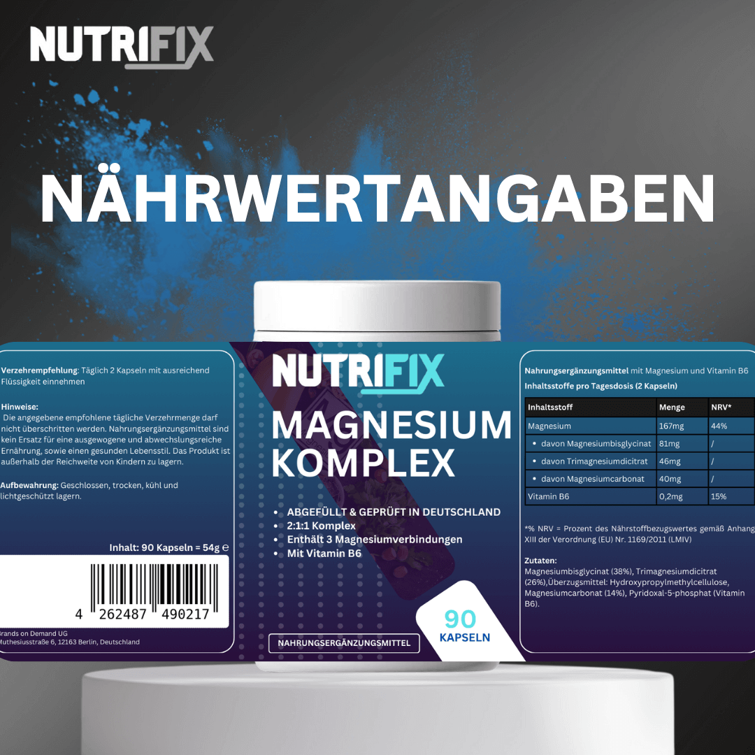 Magnesium Komplex Kapseln Bundle von Nutrifix, hochwertiges und veganes Nahrungsergänzungsmittel aus Deutschland. Unterstützt die Gesundheit mit besten Inhaltsstoffen..