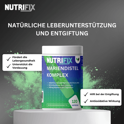 Mariendistel Artischocke Löwenzahn Komplex Bundle von Nutrifix, hochwertiges und veganes Nahrungsergänzungsmittel aus Deutschland. Unterstützt die Gesundheit mit besten Inhaltsstoffen..