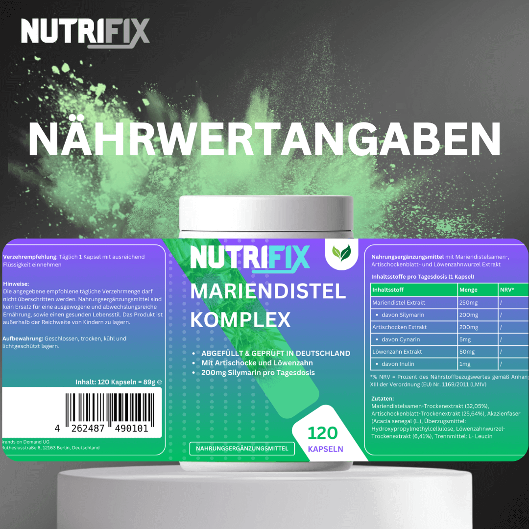 Mariendistel Artischocke Löwenzahn Komplex Bundle von Nutrifix, hochwertiges und veganes Nahrungsergänzungsmittel aus Deutschland. Unterstützt die Gesundheit mit besten Inhaltsstoffen..