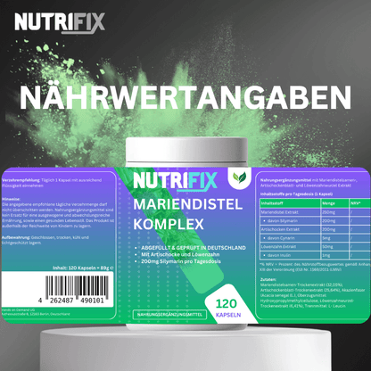 Mariendistel Artischocke Löwenzahn Komplex Bundle von Nutrifix, hochwertiges und veganes Nahrungsergänzungsmittel aus Deutschland. Unterstützt die Gesundheit mit besten Inhaltsstoffen..