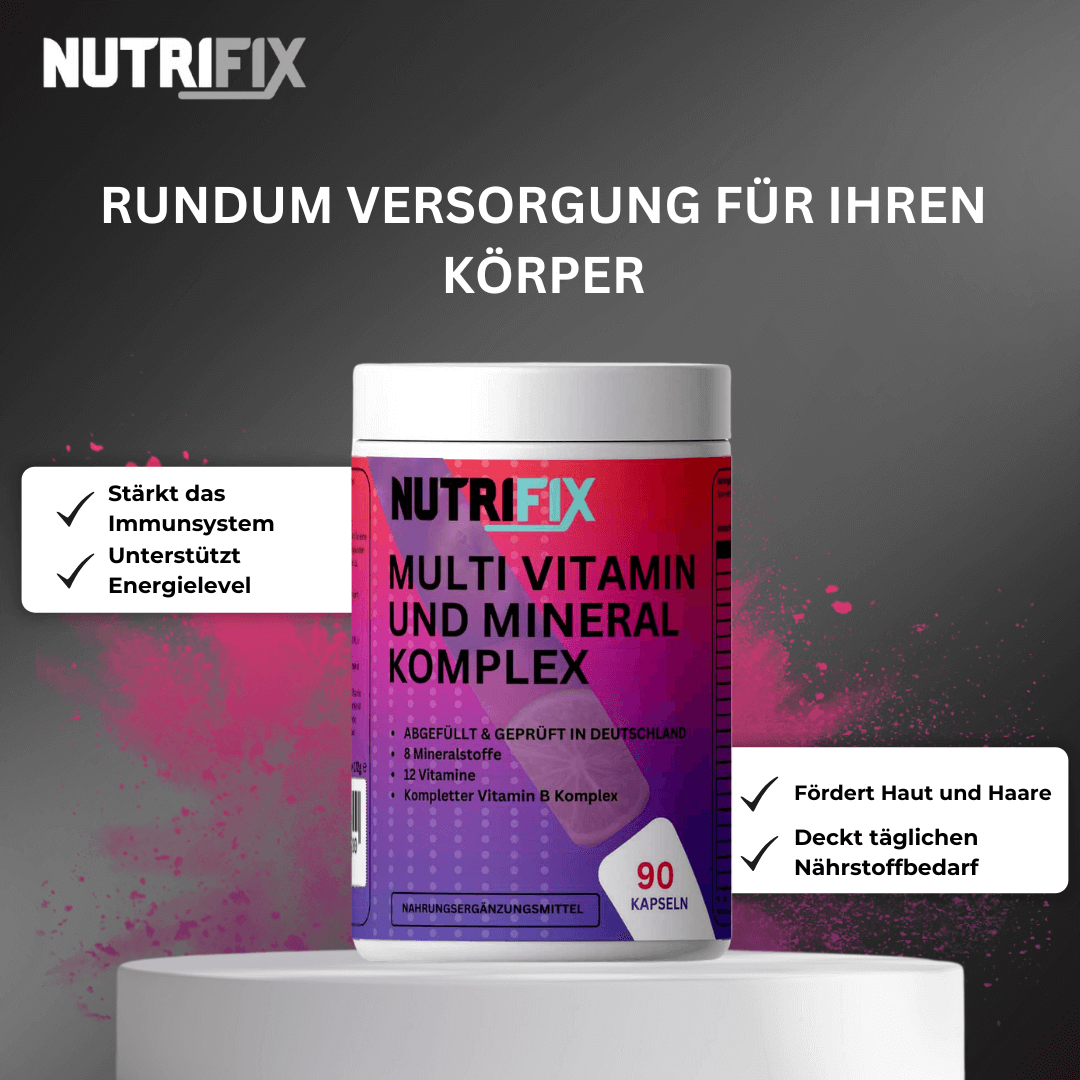 Multi Vitamin und Mineral Komplex Bundle von Nutrifix, hochwertiges und veganes Nahrungsergänzungsmittel aus Deutschland. Unterstützt die Gesundheit mit besten Inhaltsstoffen..