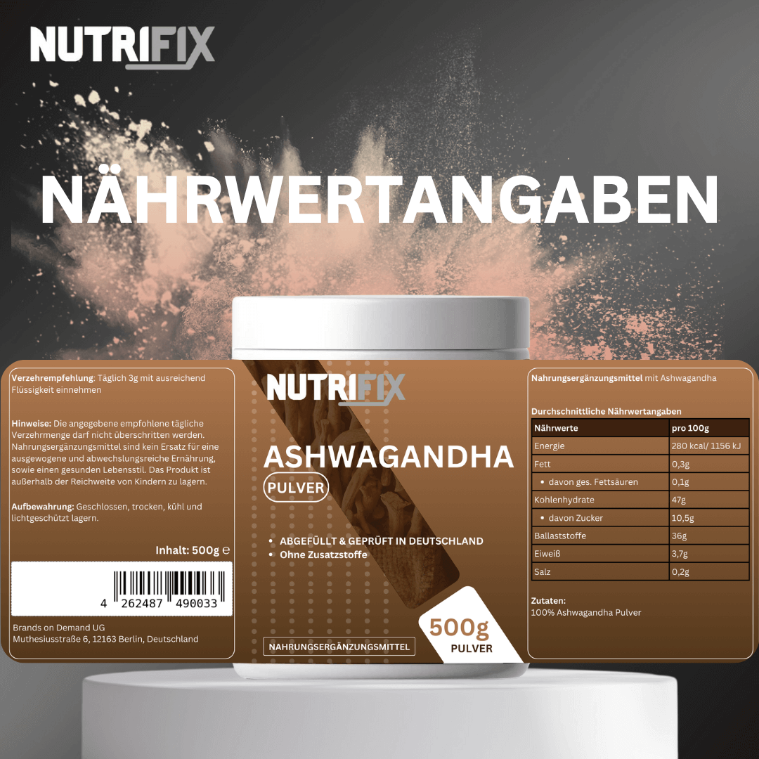 Ashwagandha Pulver Bundle von Nutrifix, hochwertiges und veganes Nahrungsergänzungsmittel aus Deutschland. Unterstützt die Gesundheit mit besten Inhaltsstoffen..