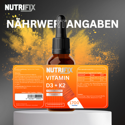 Vitamin D3 + K2 - 1.700 Tropfen Bundle von Nutrifix, hochwertiges und veganes Nahrungsergänzungsmittel aus Deutschland. Unterstützt die Gesundheit mit besten Inhaltsstoffen..