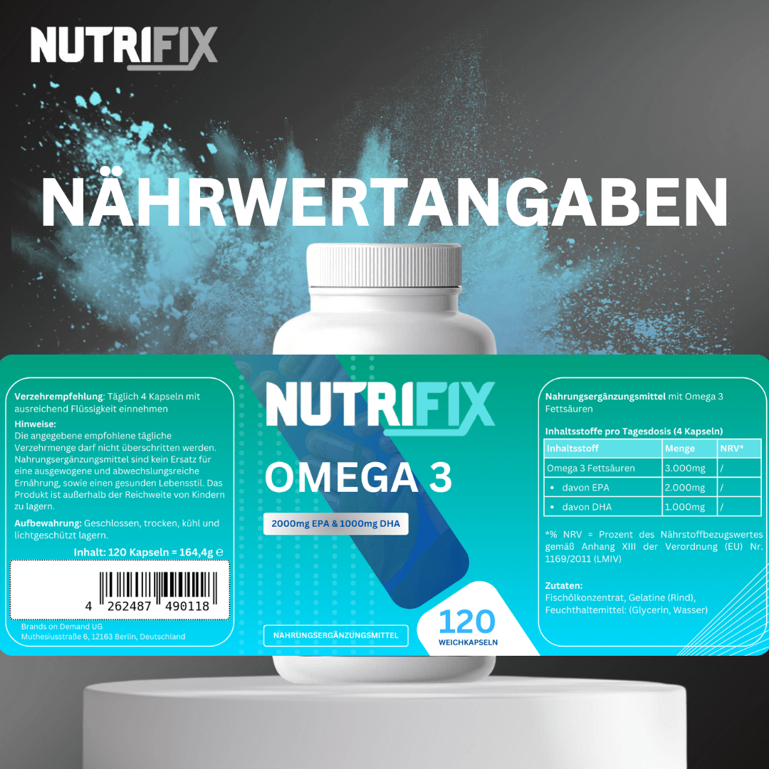 Omega 3 Kapseln Bundle von Nutrifix, hochwertiges und veganes Nahrungsergänzungsmittel aus Deutschland. Unterstützt die Gesundheit mit besten Inhaltsstoffen..