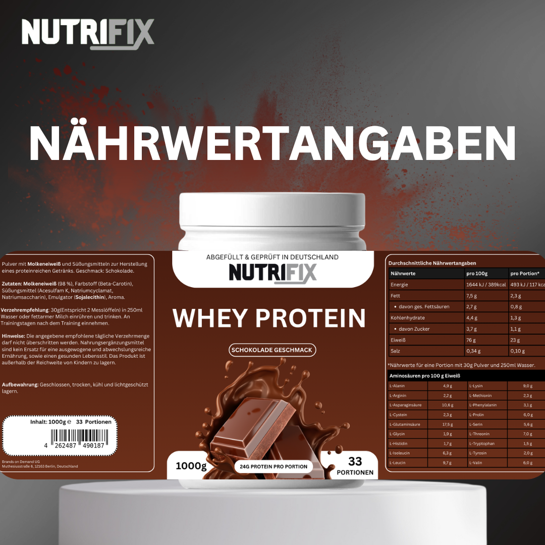 Premium Whey - Schokolade Bundle von Nutrifix, hochwertiges und veganes Nahrungsergänzungsmittel aus Deutschland. Unterstützt die Gesundheit mit besten Inhaltsstoffen..