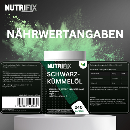 Schwarzkümmelöl Kapseln Bundle von Nutrifix, hochwertiges und veganes Nahrungsergänzungsmittel aus Deutschland. Unterstützt die Gesundheit mit besten Inhaltsstoffen..