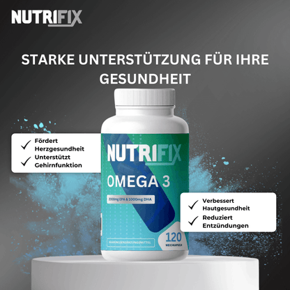 Omega 3 Kapseln Bundle von Nutrifix, hochwertiges und veganes Nahrungsergänzungsmittel aus Deutschland. Unterstützt die Gesundheit mit besten Inhaltsstoffen..