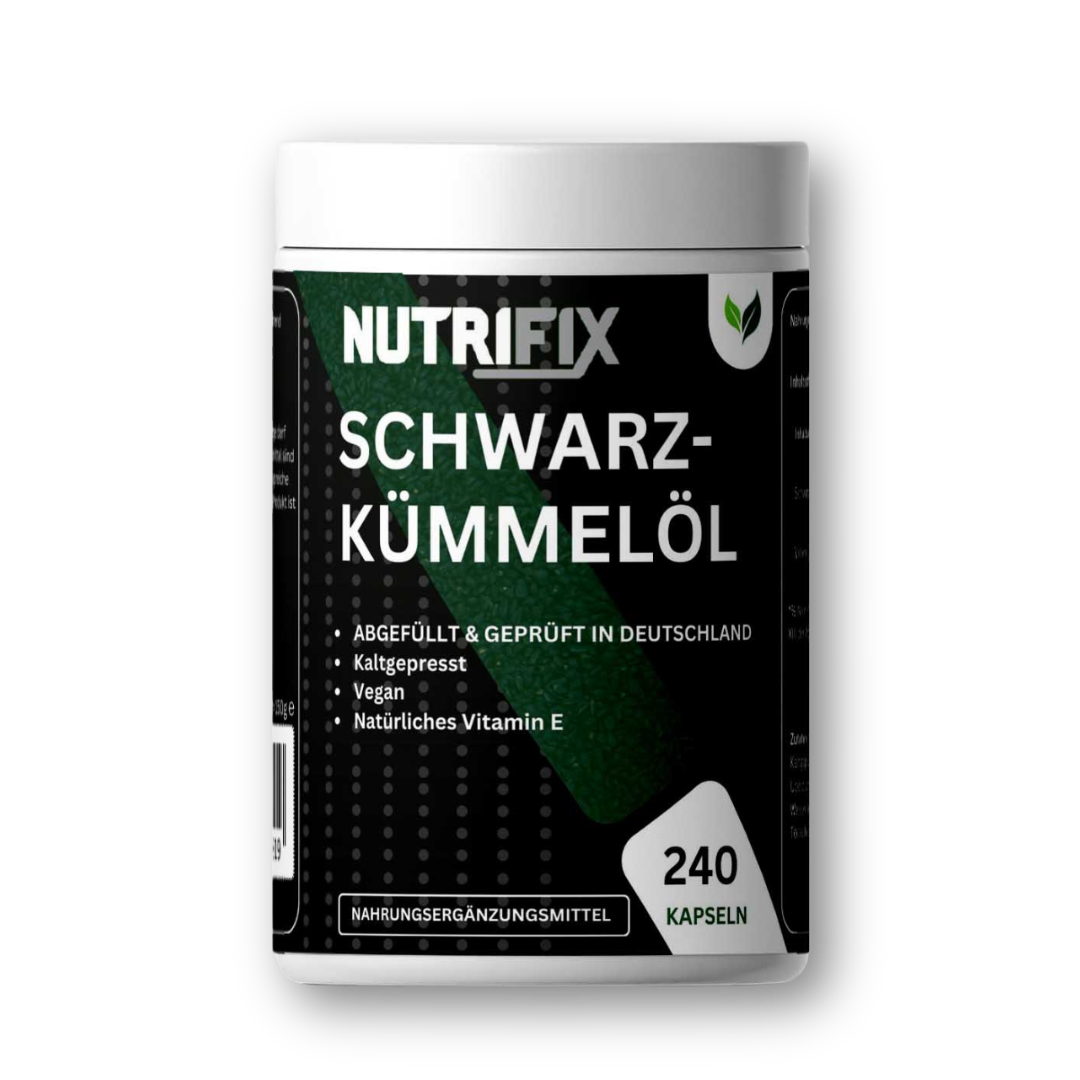 Schwarzkümmelöl Kapseln Bundle von Nutrifix, hochwertiges und veganes Nahrungsergänzungsmittel aus Deutschland. Unterstützt die Gesundheit mit besten Inhaltsstoffen..