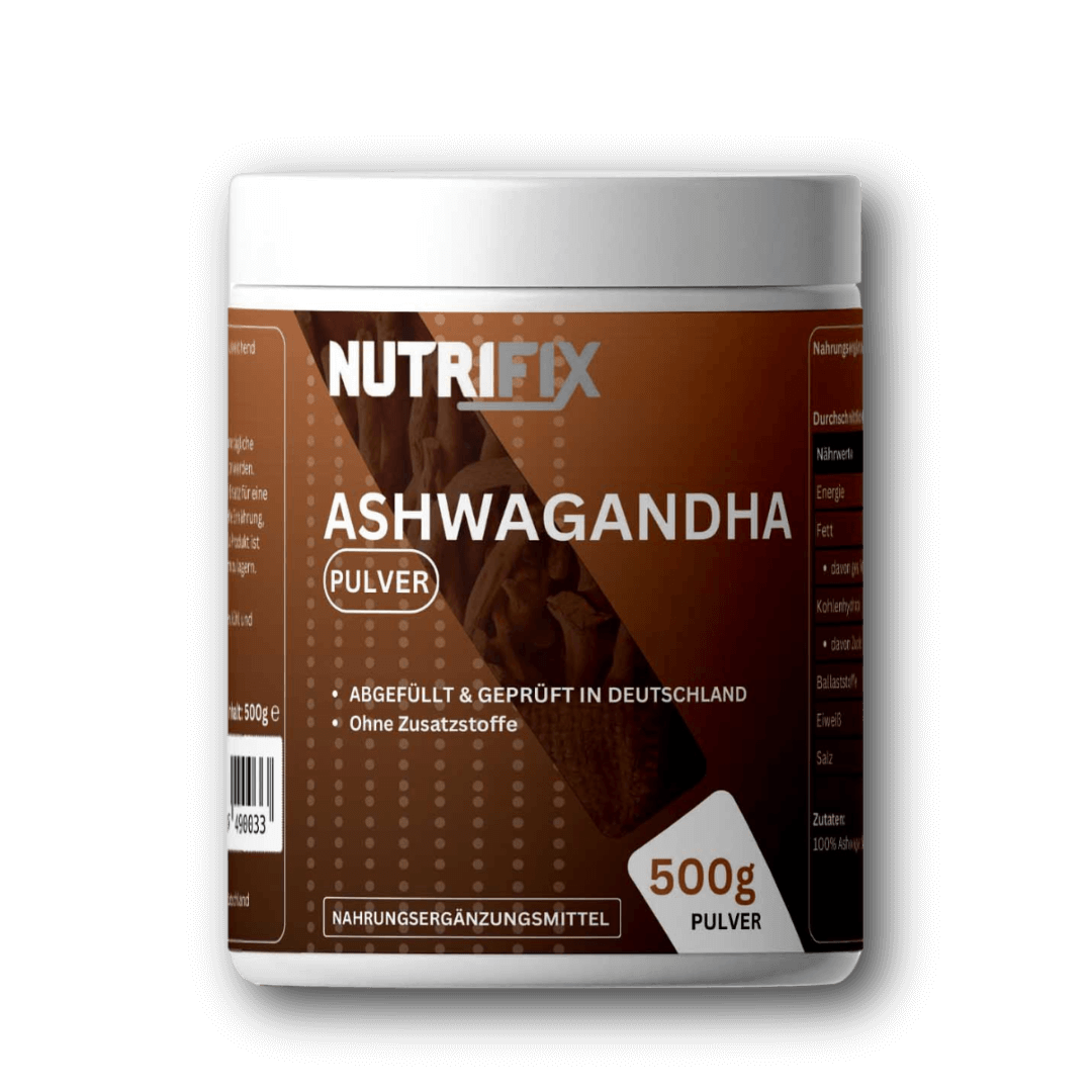 Ashwagandha Pulver Bundle von Nutrifix, hochwertiges und veganes Nahrungsergänzungsmittel aus Deutschland. Unterstützt die Gesundheit mit besten Inhaltsstoffen..