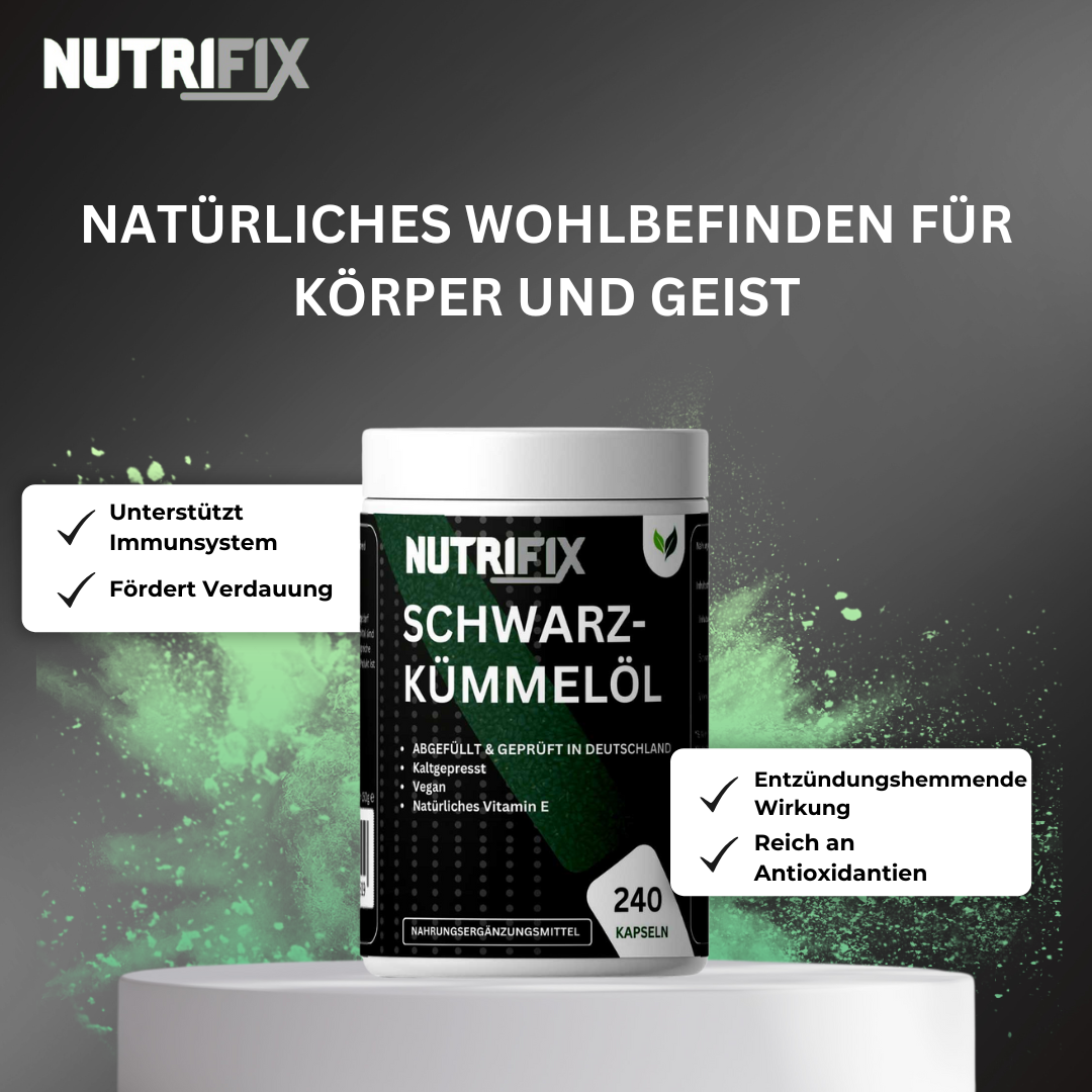 Schwarzkümmelöl Kapseln Bundle von Nutrifix, hochwertiges und veganes Nahrungsergänzungsmittel aus Deutschland. Unterstützt die Gesundheit mit besten Inhaltsstoffen..