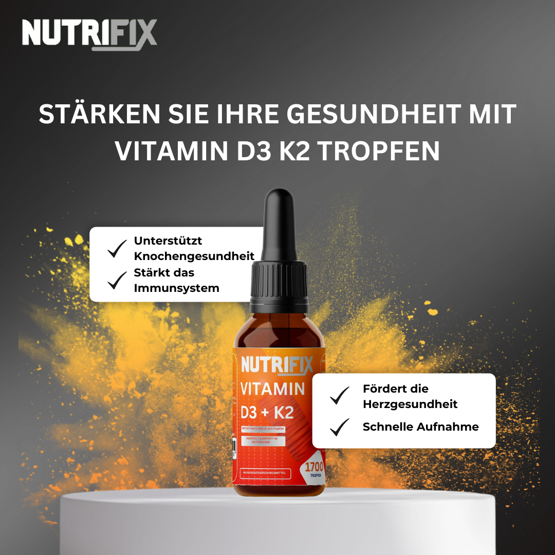 Vitamin D3 + K2 - 1.700 Tropfen Bundle von Nutrifix, hochwertiges und veganes Nahrungsergänzungsmittel aus Deutschland. Unterstützt die Gesundheit mit besten Inhaltsstoffen..