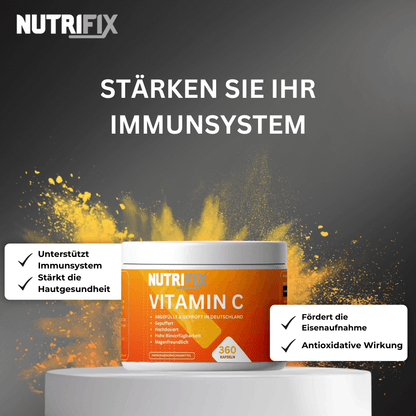 Gepuffertes Vitamin C Bundle von Nutrifix, hochwertiges und veganes Nahrungsergänzungsmittel aus Deutschland. Unterstützt die Gesundheit mit besten Inhaltsstoffen..