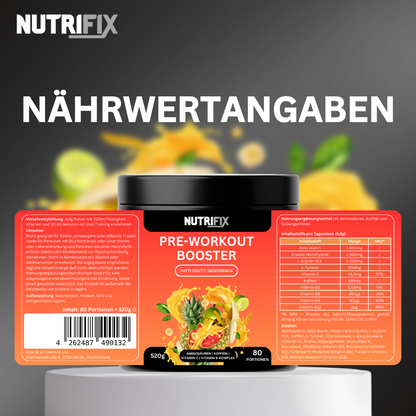 Pre-Workout Booster - Tutti Frutti Bundle von Nutrifix, hochwertiges und veganes Nahrungsergänzungsmittel aus Deutschland. Unterstützt die Gesundheit mit besten Inhaltsstoffen..