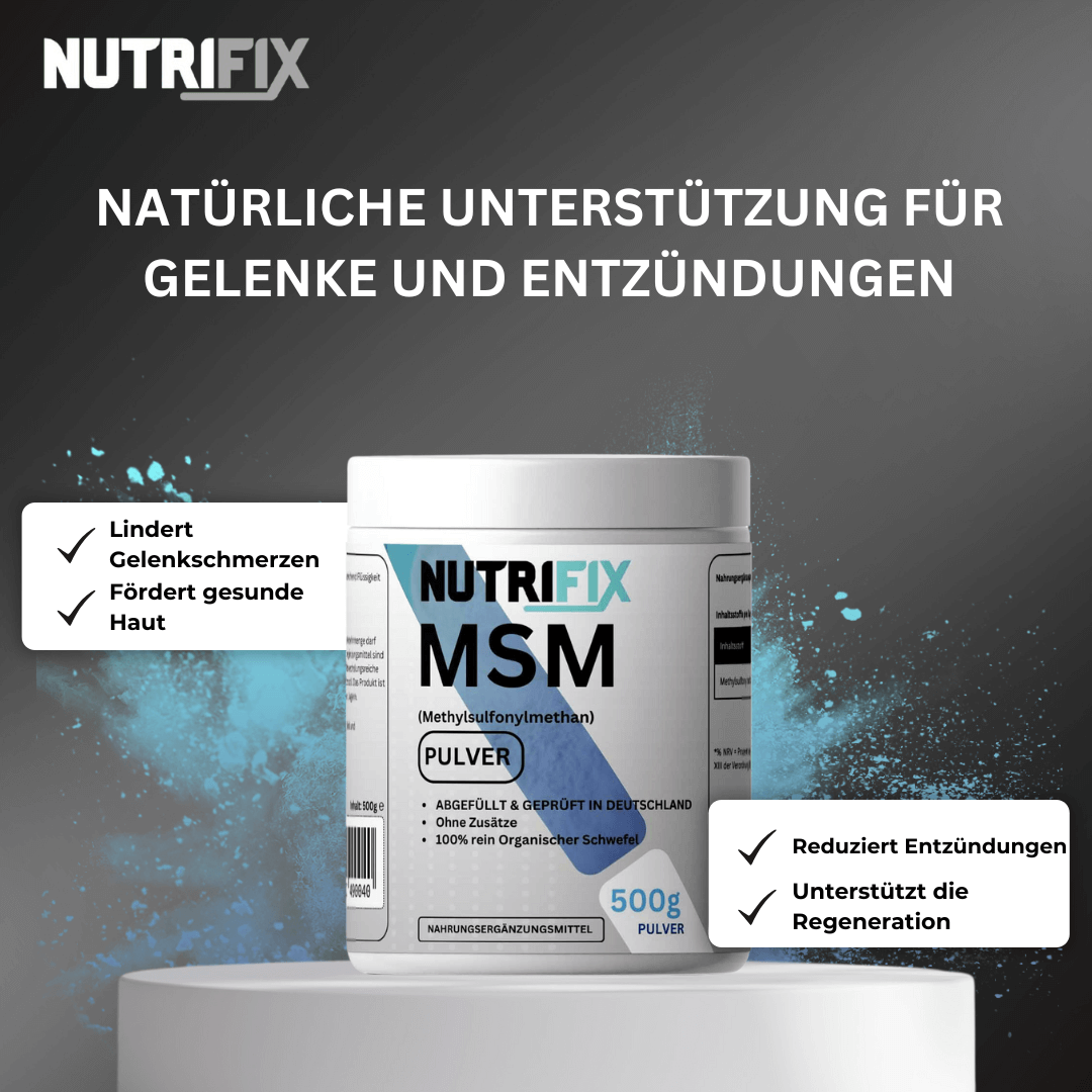 MSM Pulver Bundle von Nutrifix, hochwertiges und veganes Nahrungsergänzungsmittel aus Deutschland. Unterstützt die Gesundheit mit besten Inhaltsstoffen..