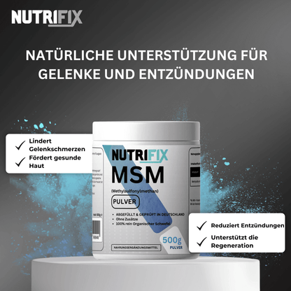 MSM Pulver Bundle von Nutrifix, hochwertiges und veganes Nahrungsergänzungsmittel aus Deutschland. Unterstützt die Gesundheit mit besten Inhaltsstoffen..