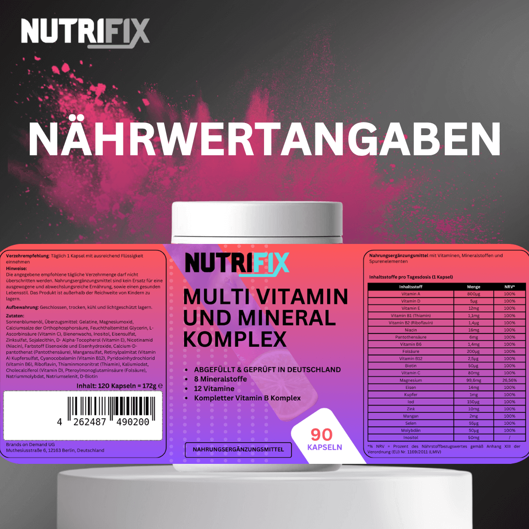 Multi Vitamin und Mineral Komplex Bundle von Nutrifix, hochwertiges und veganes Nahrungsergänzungsmittel aus Deutschland. Unterstützt die Gesundheit mit besten Inhaltsstoffen..