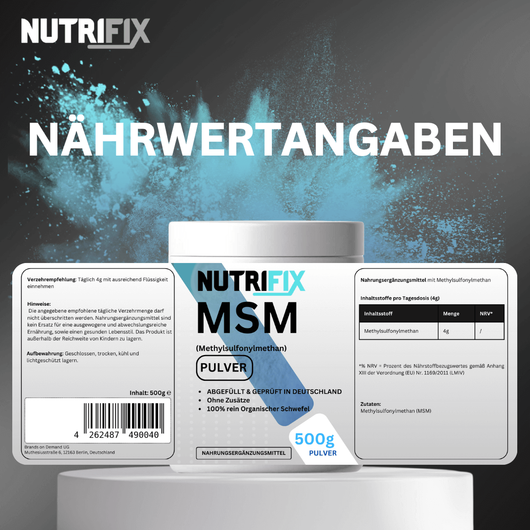 MSM Pulver Bundle von Nutrifix, hochwertiges und veganes Nahrungsergänzungsmittel aus Deutschland. Unterstützt die Gesundheit mit besten Inhaltsstoffen..