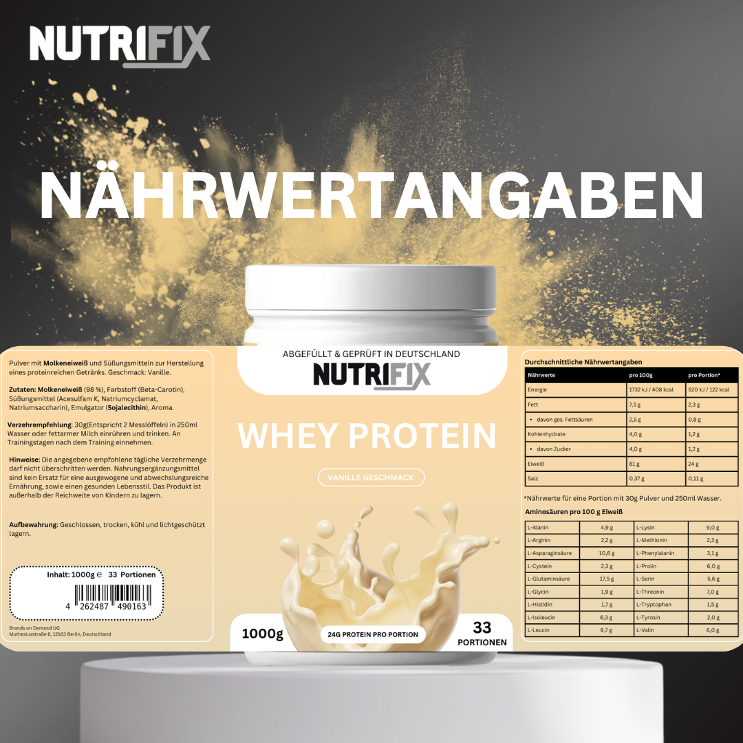 Premium Whey - Vanille Bundle von Nutrifix, hochwertiges und veganes Nahrungsergänzungsmittel aus Deutschland. Unterstützt die Gesundheit mit besten Inhaltsstoffen..