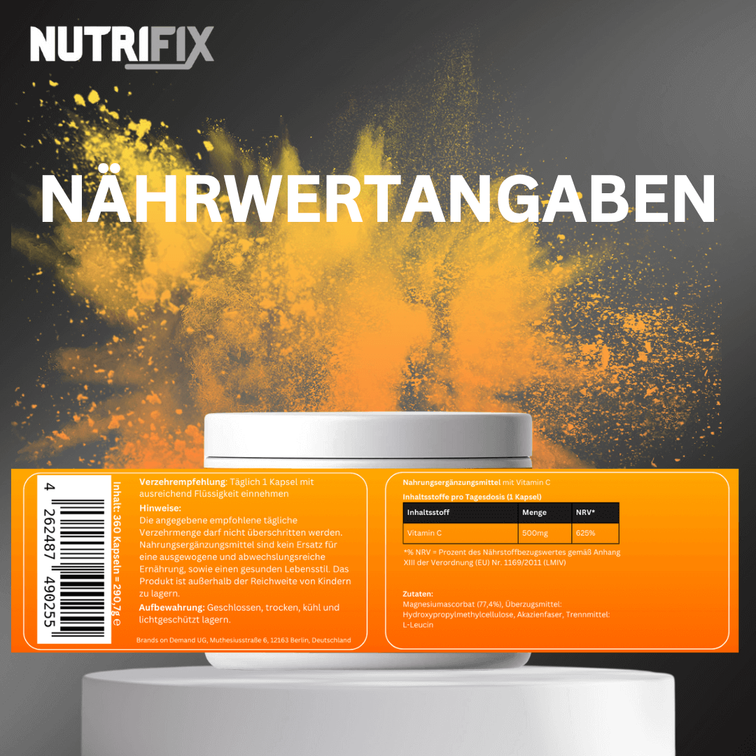 Gepuffertes Vitamin C Bundle von Nutrifix, hochwertiges und veganes Nahrungsergänzungsmittel aus Deutschland. Unterstützt die Gesundheit mit besten Inhaltsstoffen..