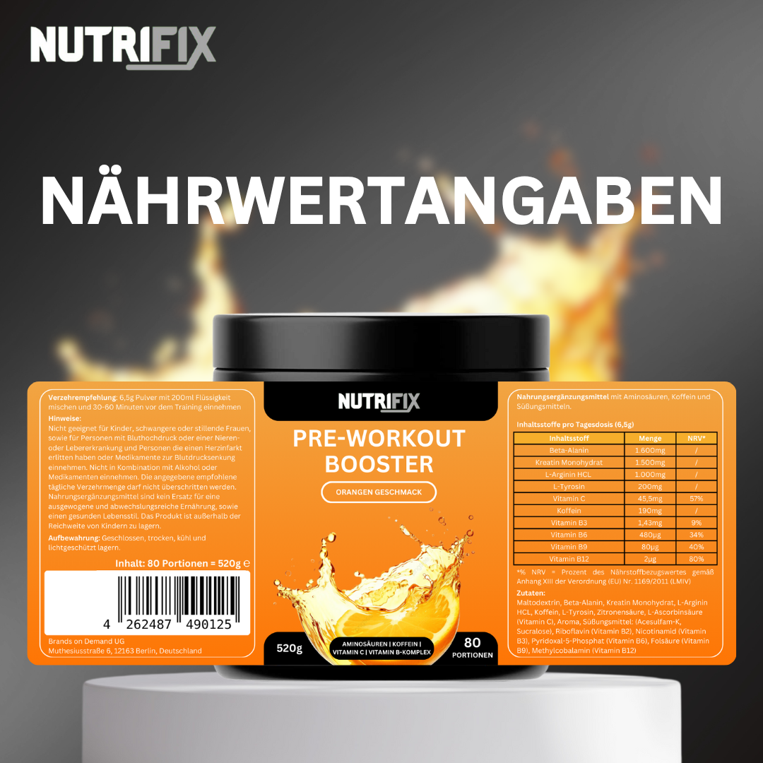 Pre-Workout Booster - Orange Bundle von Nutrifix, hochwertiges und veganes Nahrungsergänzungsmittel aus Deutschland. Unterstützt die Gesundheit mit besten Inhaltsstoffen..