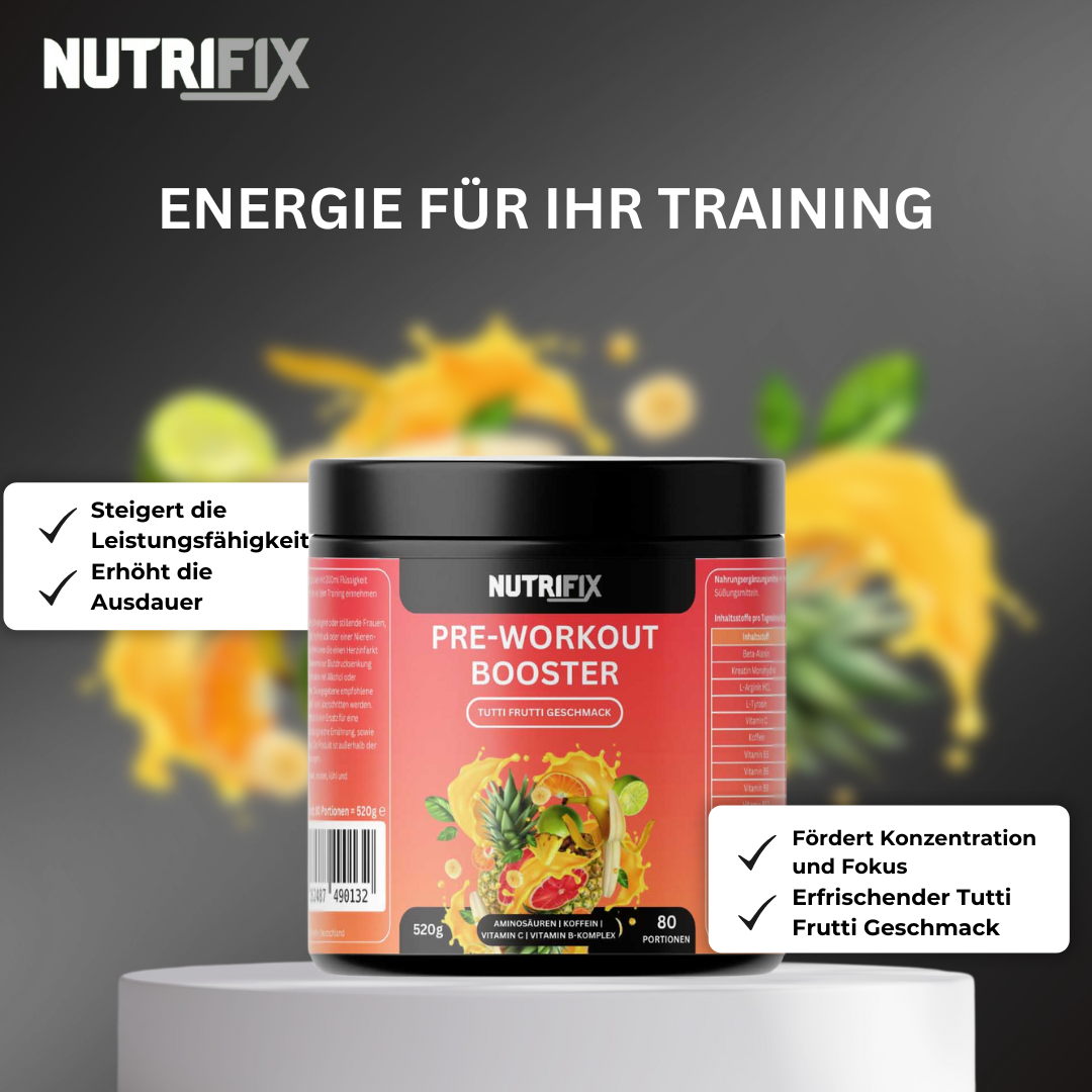 Pre-Workout Booster - Tutti Frutti Bundle von Nutrifix, hochwertiges und veganes Nahrungsergänzungsmittel aus Deutschland. Unterstützt die Gesundheit mit besten Inhaltsstoffen..